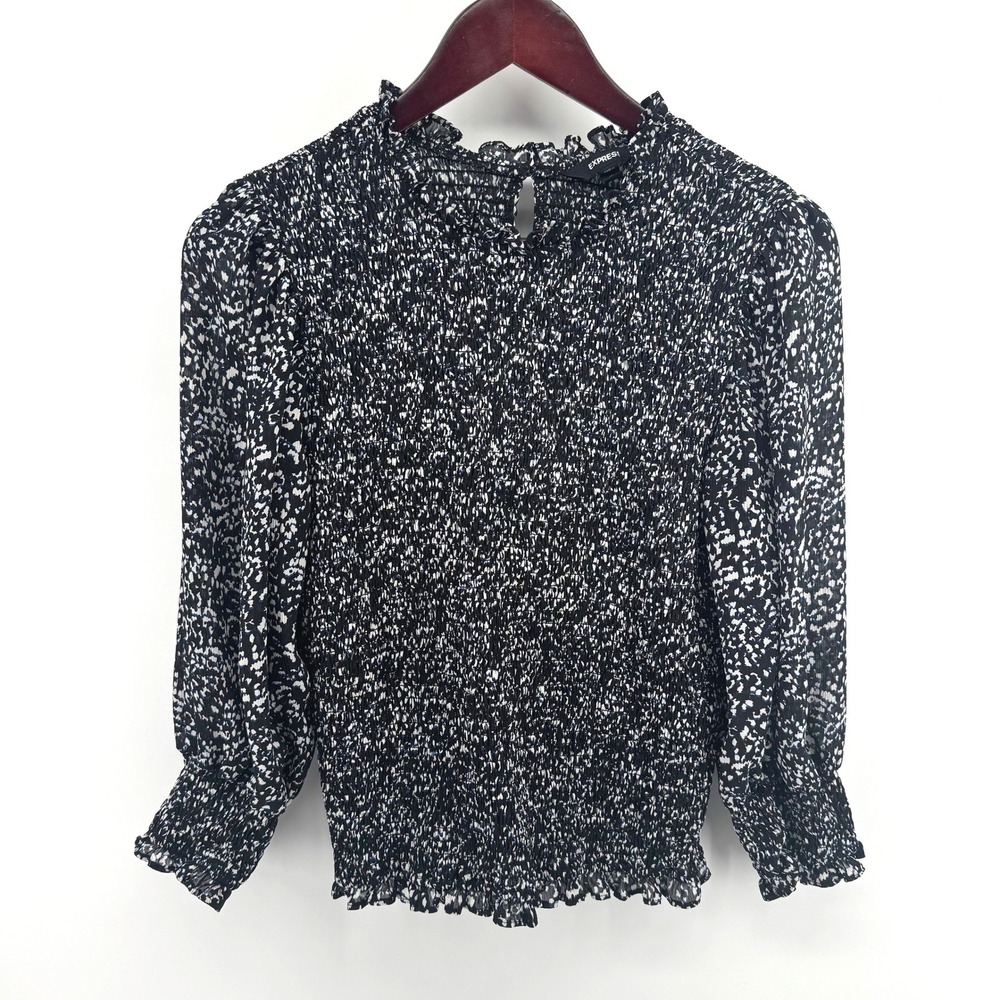 Express Smocked Blouse Womens Medium Black White Top Romantic Office Capsule